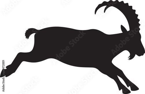 Silhouette of a leaping ibex with large curved horns on white goat mountain goat