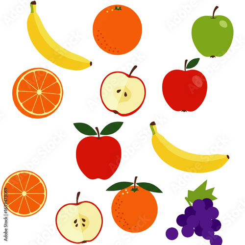 Assorted fresh fruit icons on a white background. Colorful vector graphic of banana, apple, orange, and grapes for wellness concepts.