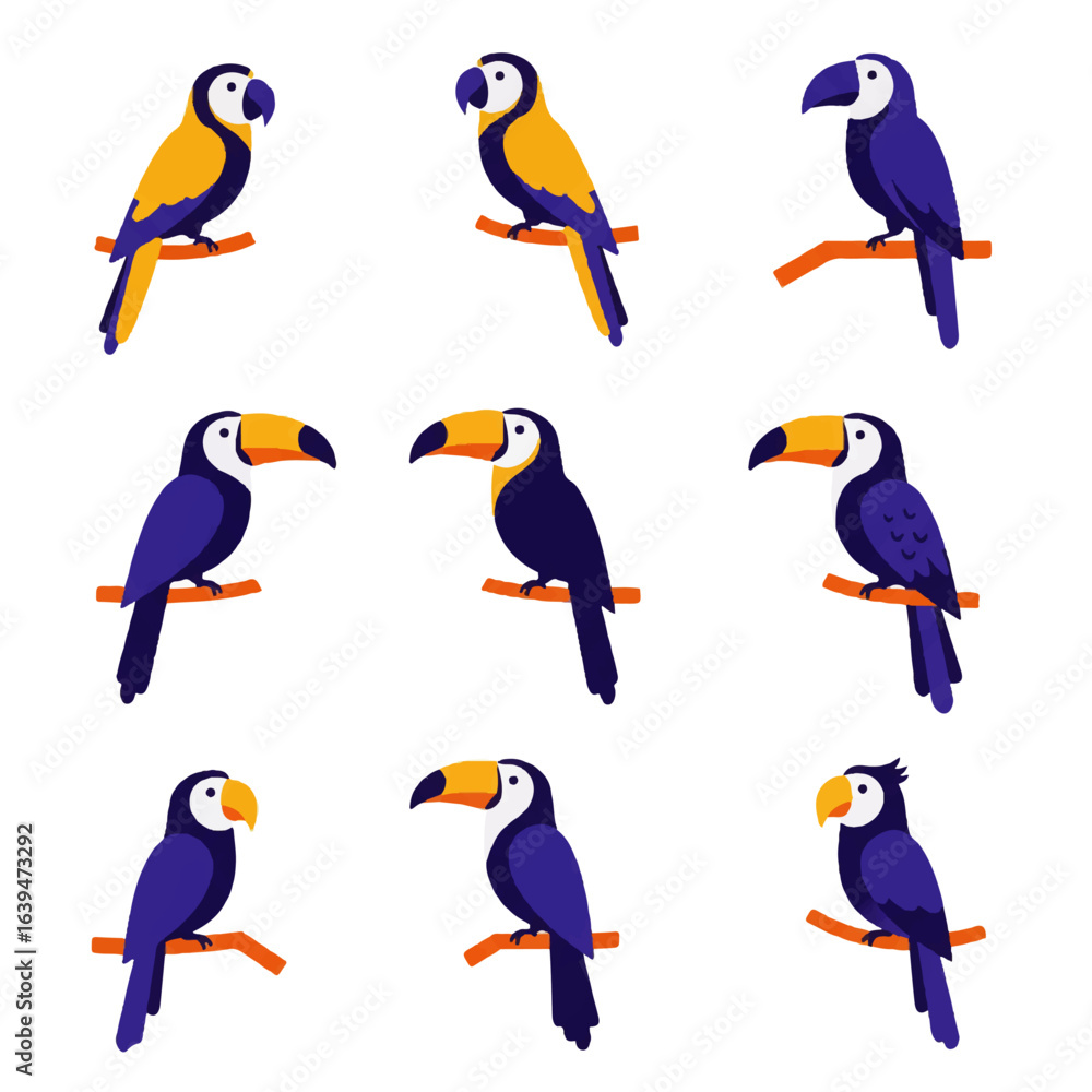 Fototapeta premium A vibrant collection of tropical bird illustrations featuring colorful toucans and macaws perched on branches.
