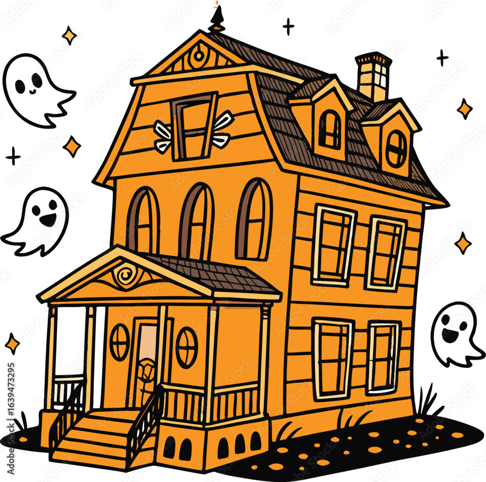 Fototapeta premium Haunted House with Ghosts Halloween Cartoon Illustration