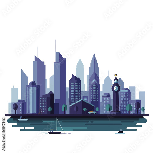 Vector illustration of a modern city skyline with skyscrapers and a clock tower. Urban cityscape on a waterfront at dusk or twilight.