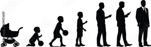 Silhouette of male life stages, baby to businessman, growth timeline, childhood to adulthood, human development, aging, career progression illustration