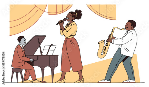 Jazz concert concept. Women with microphone and men with musical instruments on stage. Pianist, saxophonist, vocalist and cellist. Musicians performing, show. Cartoon flat vector illustration     