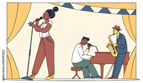 Jazz concert concept. Women with microphone and men with musical instruments on stage. Pianist, saxophonist, vocalist and cellist. Musicians performing, show. Cartoon flat vector illustration     