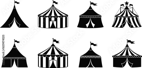 Silhouette circus tents collection, vintage carnival marquee icons, black fairground tent designs, festival pavilion shapes, retro circus illustrations, entertainment graphics set