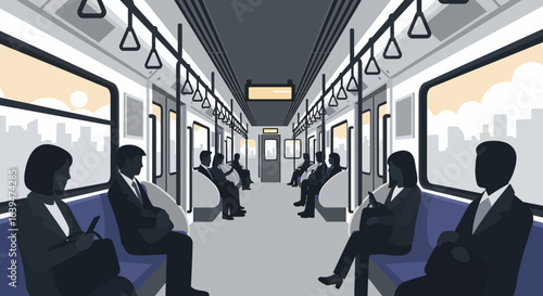Commuters Silhouetted Inside a Modern Subway Train Car, Traveling Together