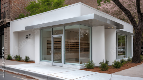 Fototapeta Naklejka Na Ścianę i Meble -  Modern delivery center with glass facade, white exterior, metal trim, and minimalist landscaping on city street corner