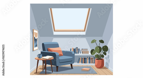 Cozy Attic Reading Nook with Blue Armchair, Bookshelf, and Pilea Plant