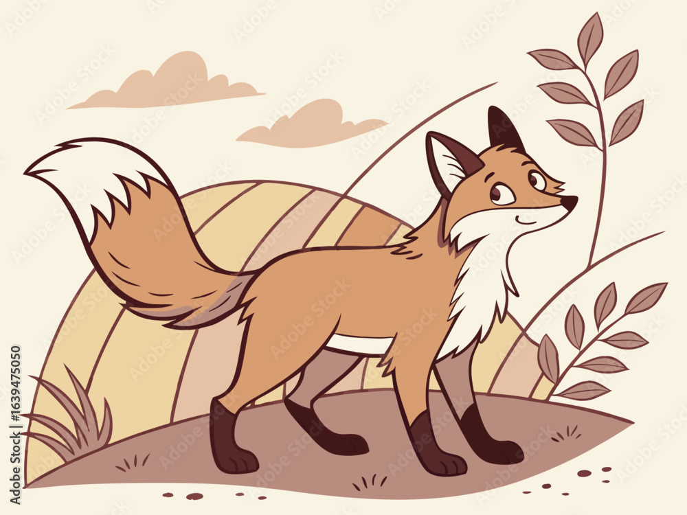 Obraz premium Animated red fox character stands alert in grassy meadow. A cheerful, cartoon-style red fox character stands alert on a grassy knoll, looking to the side.