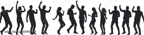 Dancing silhouettes, people dancing, party dance, dancing man and woman, dance figures, dancing group, party people, dancing vector art, celebration dance, night out