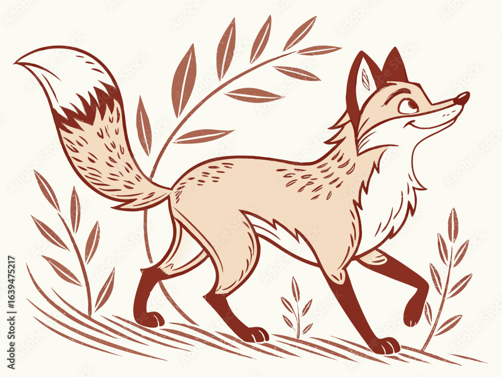 Obraz premium Animated red fox character stands alert in grassy meadow. A cheerful, cartoon-style red fox character stands alert on a grassy knoll, looking to the side.