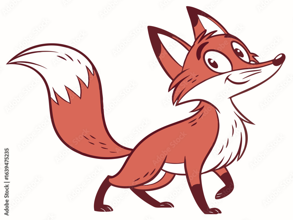 Obraz premium Animated red fox character stands alert in grassy meadow. A cheerful, cartoon-style red fox character stands alert on a grassy knoll, looking to the side.