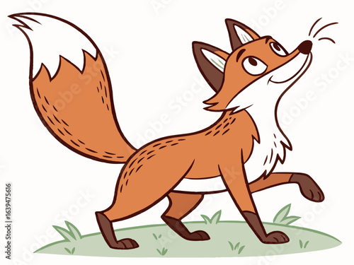 Animated red fox character stands alert in grassy meadow. A cheerful, cartoon-style red fox character stands alert on a grassy knoll, looking to the side.