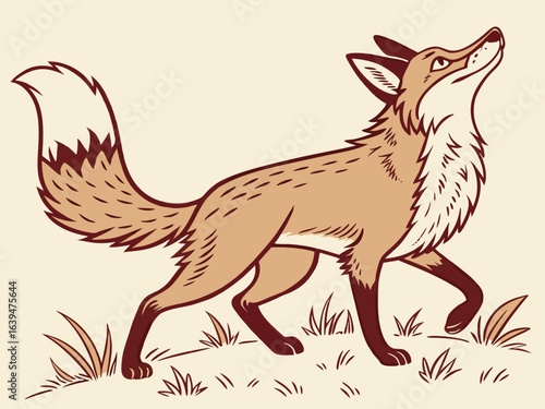 Animated red fox character stands alert in grassy meadow. A cheerful, cartoon-style red fox character stands alert on a grassy knoll, looking to the side.