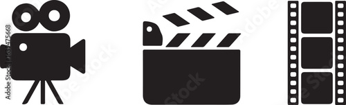 Simple movie making icons camera, clapperboard, and film reel
