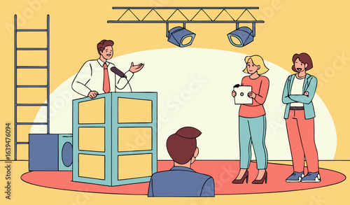 TV program quiz concept. Host with players in intellectual game of erudition. Man and woman answer to questions. Television industry and broadcasting. Cartoon flat vector illustration        
