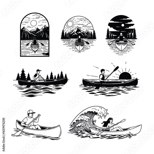 Set of Canoeing and Kayaking Adventure Illustrations in Black and White Showing Active Lifestyle and Outdoor Water Activities