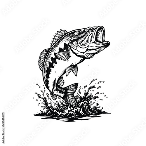 Leaping Largemouth Bass Illustration Black and White Graphic Art Fresh Water Fishing and Wildlife Conservation Theme for Anglers