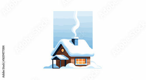 Cozy Snow-Covered Cabin with Smoky Chimney in Winter