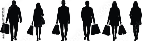 Wallpaper Mural Silhouettes of men and women walking, carrying shopping bags, urban lifestyle, consumerism, shopping spree, black and white, isolated on white background, fashion, retail, street style Torontodigital.ca