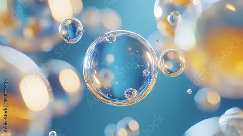 青と黄金色の背景に浮かぶ透明な球体の泡の抽象的なマクロ表示
