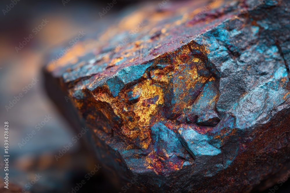 Fototapeta premium Manganese mineral detail featuring intricate textures and vibrant hues for educational, industrial, and scientific exploration in geology and chemistry contexts
