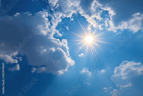 Bright sunshine fills clear blue skies with golden rays, ideal for summer themes and outdoor relaxation imagery. Perfect for vacation planning or travel inspirations