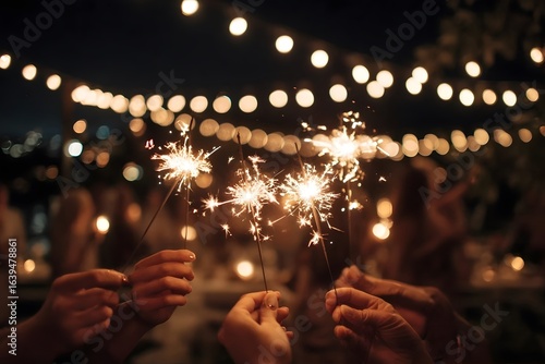 Sparklers held by hands in the night, illuminated by string lights.