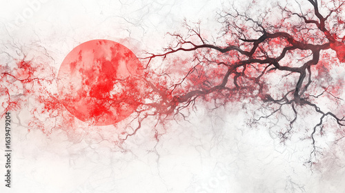 Abstrakte Illustration eines kahlen Baumes vor einem blutroten Mond, Kirschblüten fliegen in der Luft, asiatischer Stil, Aquarellzeichnung, Tusche vor hell marmoriertem Hintergrund
