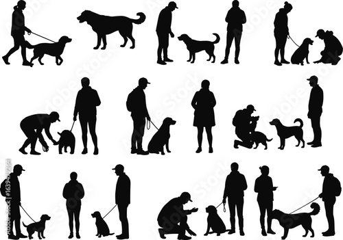 Silhouettes of people with dogs, walking, training, petting, bonding moments, leash, pet care, outdoor activity, dog lover lifestyle, obedience, companionship