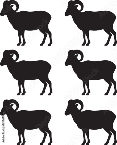 Six Black Silhouettes of Rams with Curved Horns on White Background sheep male sheep
