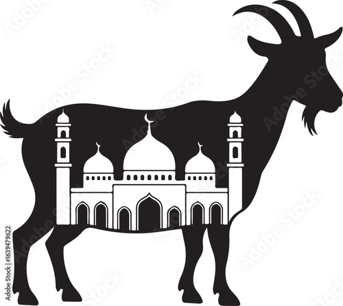 Silhouette of a Goat with a Mosque Inside its Body on White Background Islamic architecture religion