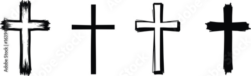 Silhouettes of hand drawn Christian crosses, grunge brush style, black ink cross symbols, religious icon, faith, spirituality, abstract sacred art