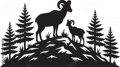 Silhouette of Bighorn Sheep and Pine Trees on Rocky Terrain lamb mountain sheep
