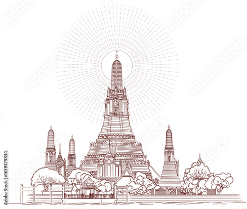 Line art illustration of Wat Arun temple with radiant sunburst detail in Bangkok, Thailand
