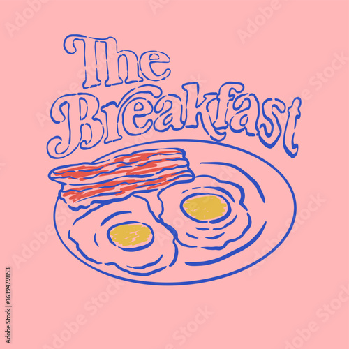 Vintage Breakfast Illustration with Sunny Side Up Eggs and Toast. Breakfast time vector design. Morning time artwork for apparel, sticker, batch, background, poster and others. Breakfast time