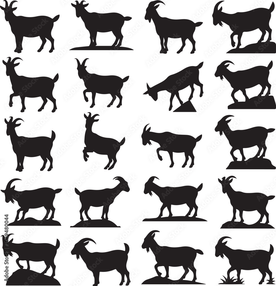 Fototapeta premium Collection of twenty black goat silhouettes in various poses and on rocky terrain goats animal