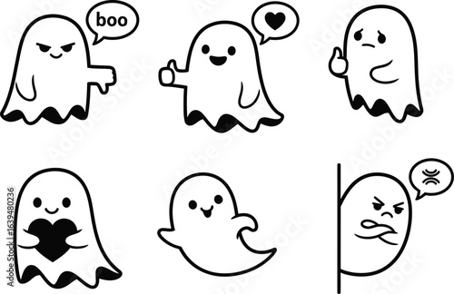 Cute ghost character vector icon set with emotions

