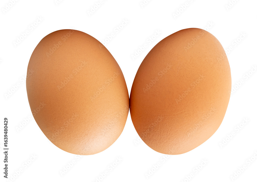 Top view of two fresh brown chicken eggs in stack isolated on white background with clipping path Top view of two fresh brown chicken eggs in stack isolated on white background with clipping path