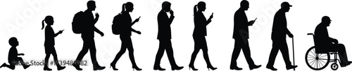 Silhouette, life evolution, from child to old age, technology impact, smartphone usage, aging process, mobility aid, wheelchair, timeline, digital era, growth stages
