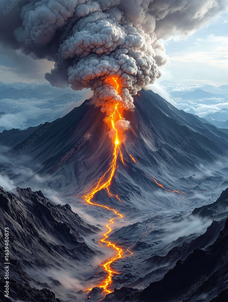 Fototapeta premium Volcano eruption with glowing lava rivers and thick ash clouds blanketing the surrounding rocky slopes