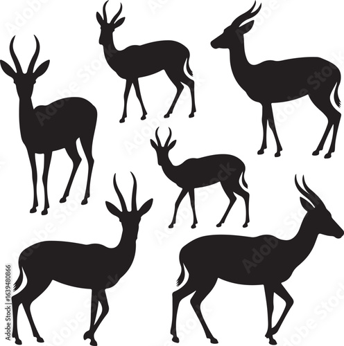 Silhouette Collection of Gazelles Standing and Walking on White Background antelope wild animal