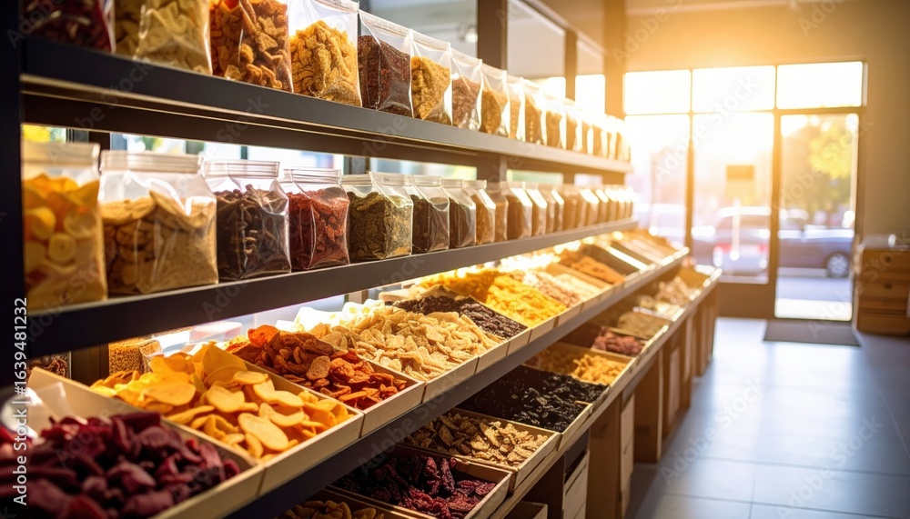 Fototapeta premium Colorful variety of dried fruits and snacks displayed in market aisle with natural lighting