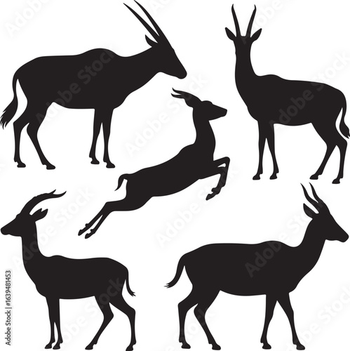 Five black silhouettes of antelopes and gazelles in various poses animal wildlife