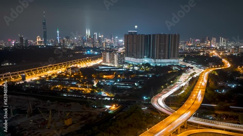 4k aerial time lapse of night scene at Kuala Lumpur city center. 