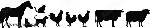 Farm animal silhouettes collection, horse, dog, cat, chicken, cow, sheep, rural livestock clipart, farming life design, vector illustration