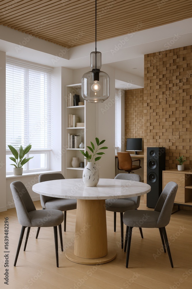 Fototapeta premium Modern Dining Area with Round Marble Table, Grey Upholstered Chairs, and Textured Wood Wall Accent