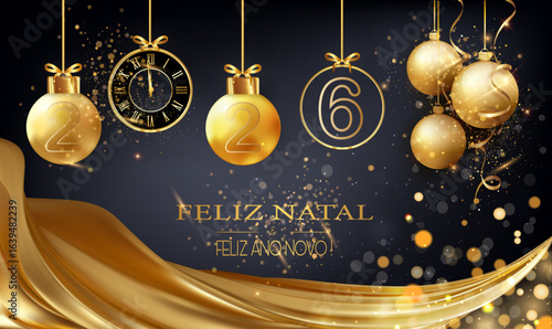 cartão ou faixa para celebrar um Feliz Natal e um Feliz Ano Novo 2026 em dourado sobre fundo preto com cortinas, bolas de Natal, purpurinas, círculos bokeh e um relógio dourado