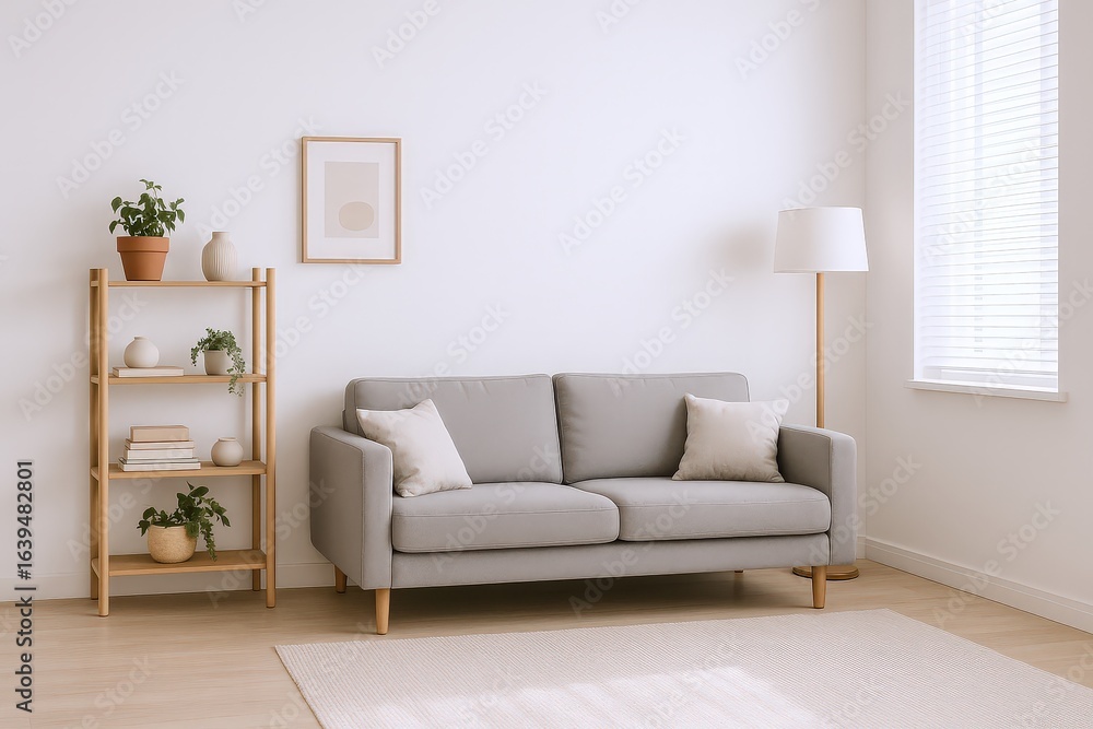 Fototapeta premium Minimalist Living Room with Gray Sofa, Wooden Shelf, and Natural Light from Window