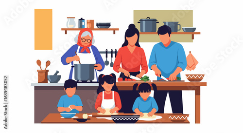 Family Cooking Together, Preparing Food in a Cozy Kitchen Setting